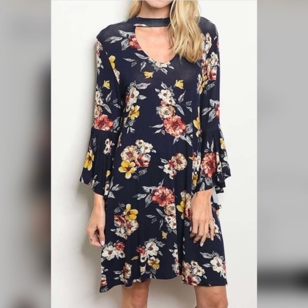MTS Boho Dark floral choker mini dress ruffle sleeve Small pullover flowy - Picture 2 of 6